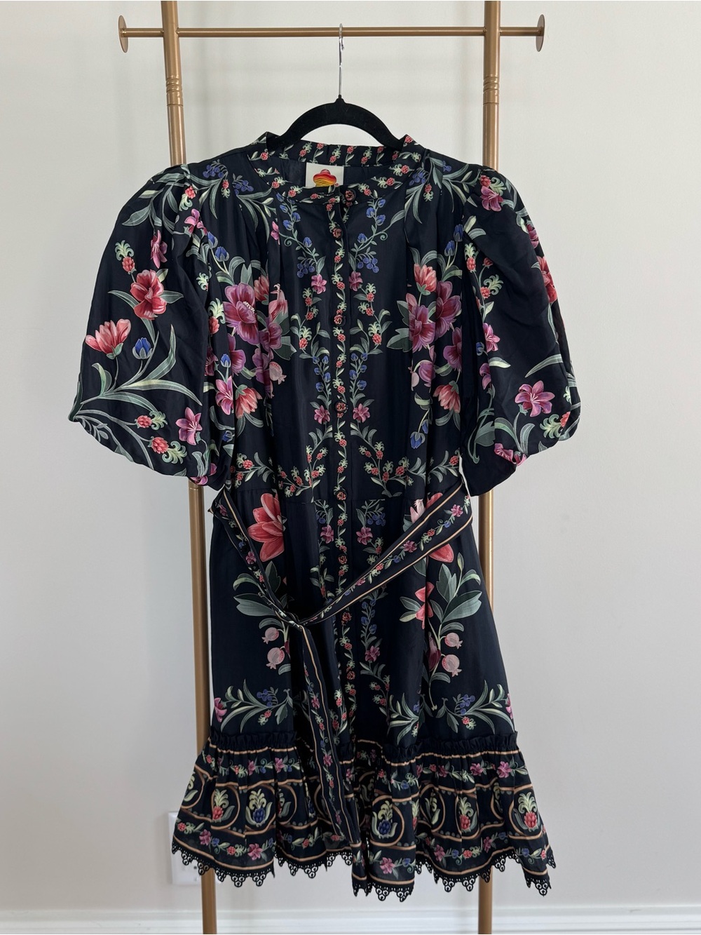 FARM Rio Black Floral Belted Dress with Pink and Green Accents